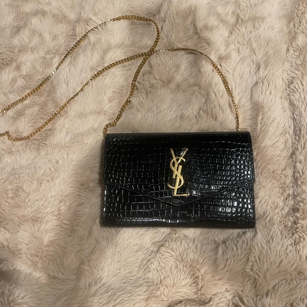 YSL Uptown Croc Embossed Leather Chain Wallet - Picture 2 of 8